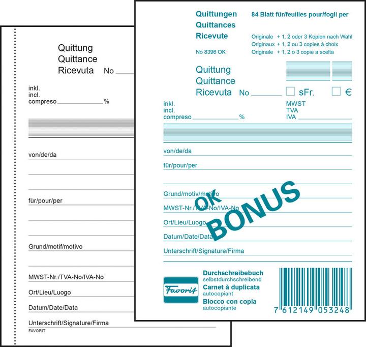 Image du produit Favorit Carnet autocopiant OK Bonus Quittances (84 x)
