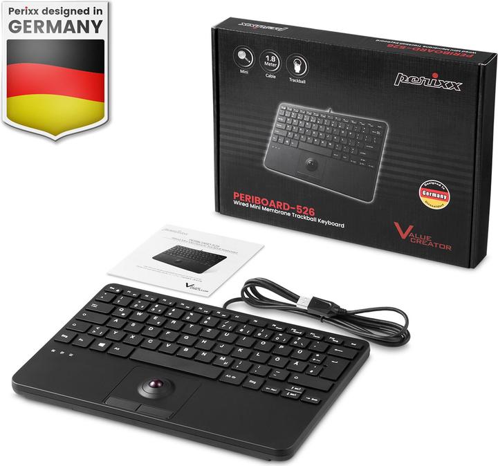 Actual product image Perixx PERIBOARD-526 H EN, Wired mini USB keyboard with trackball - scissor keys - 2 USB ports (DE, Cable)