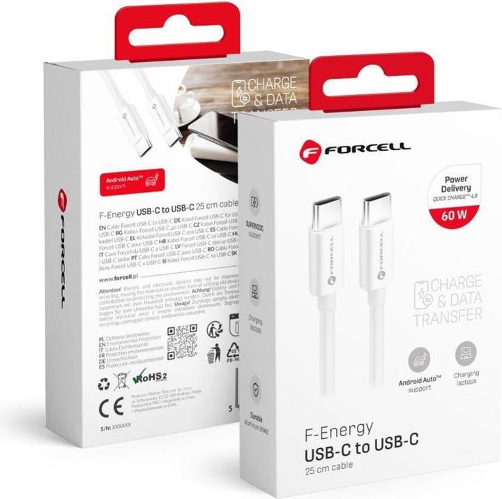 Produktbild Forcell Cable F-ENERGY C338 cable Type C to Type C PD QC4.0 3A 60W 0,25 m white (0.25 m, 60 W)