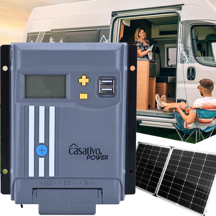 Casativo MPPT solar charge controller for 12/24V battery, 40A, incl. 2 USB-A ports, LCD display