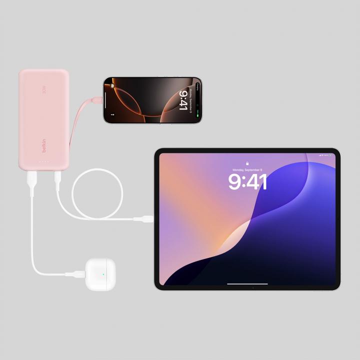Immagine prodotto Belkin Powerbank 20.000mAh rosa 30W integrale.Cavo USB-C BPB024hqPK (20000 mAh, 30 W, 74 Wh)