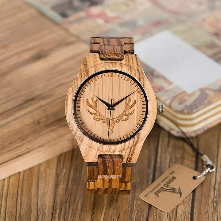 Actual product image Natura Punto Bamboo sporty watch with forest deer head, wooden bracelet (Sports watch)