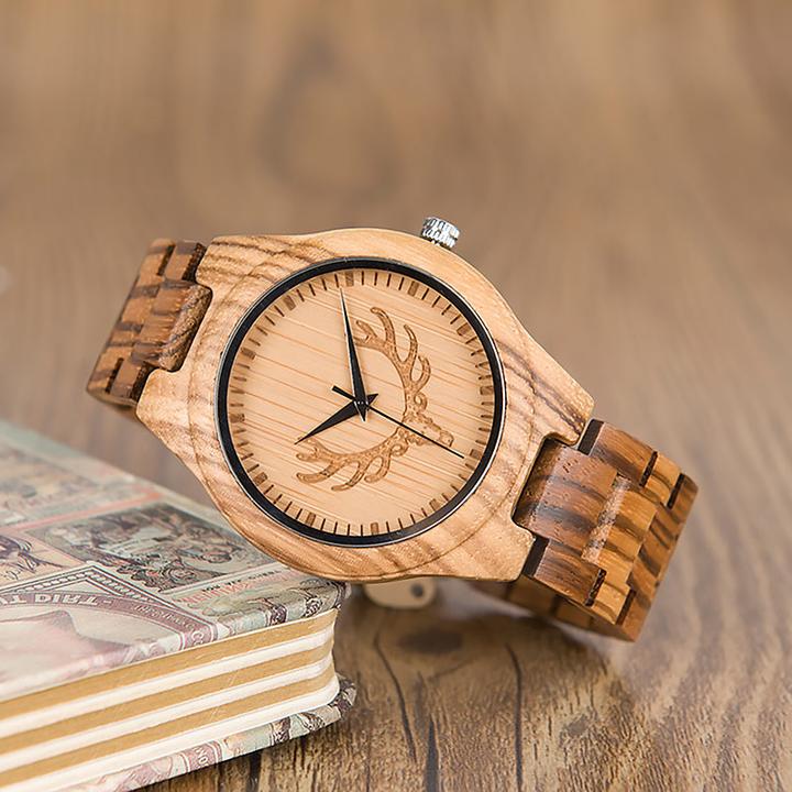 Actual product image Natura Punto Bamboo sporty watch with forest deer head, wooden bracelet (Sports watch)