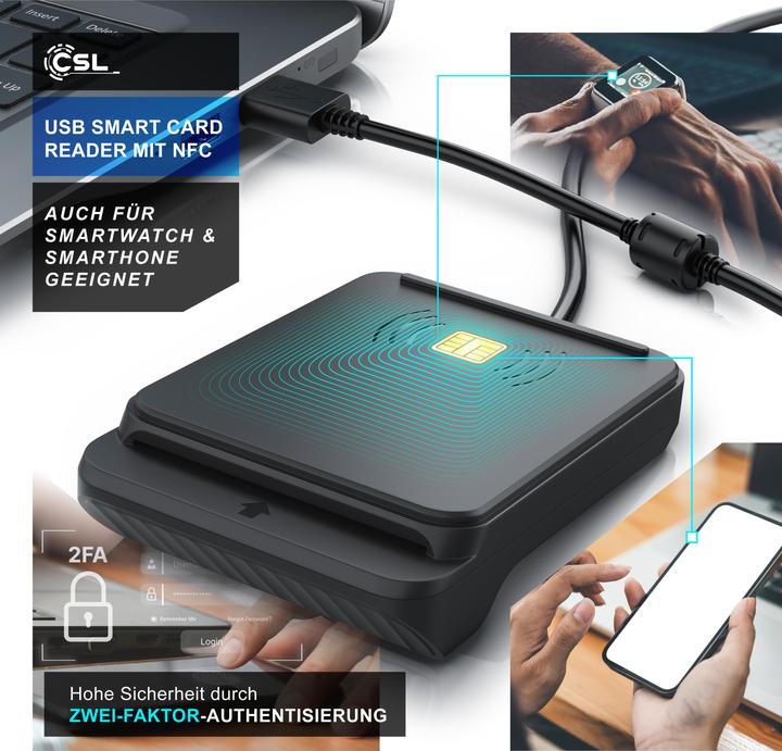 Image du produit CSL Lecteur de carte à puce USB, NFC, ISO 7816/14443, compatible avec Mac OS X & Windows 11, pour carte (USB)