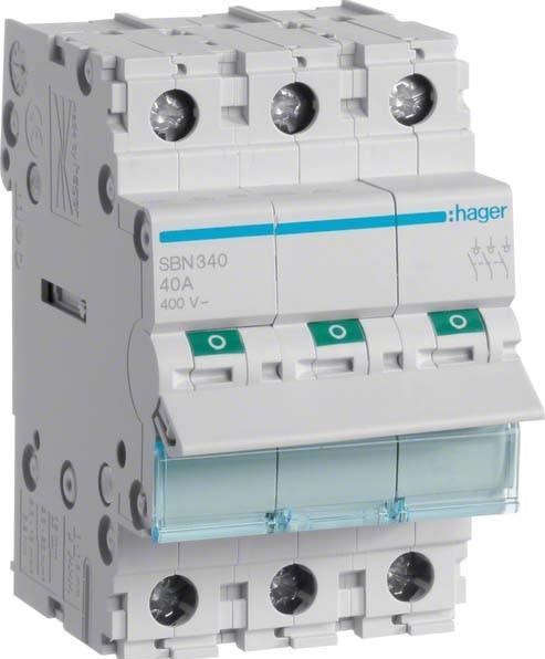 Hager SBN340. Courant nominal : 40 A. Type : B-type, quantité de modules (max) : 3 module(s). Largeur : (Résistance)