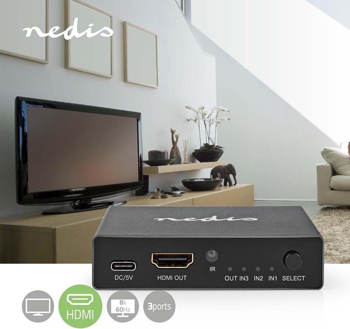 Actual product image Nedis HDMI ™ switch | 3-port port(s) | 3x HDMI™ input | HDMI™ output | 8K@60Hz | 45 Gbps | remote