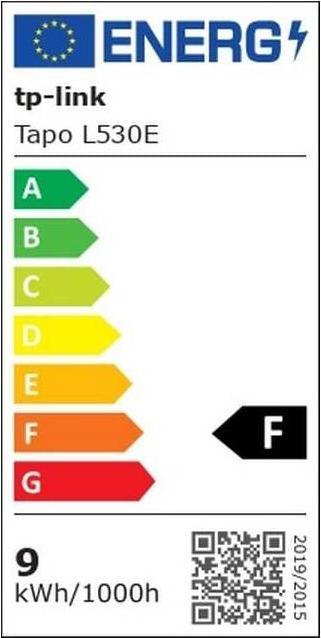 Energy Label TP-Link Tapo L530E (2-pack) (E27, 8.70 W, 806 lm, 2 x, F)