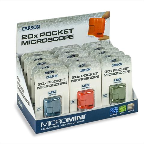 Image du produit Carson Microscope de poche MicroMini 20x avec UV et LED, présentoir de 15 pièces