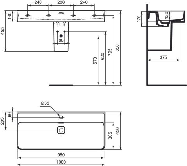 Produktbild Ideal Standard Waschtisch Strada II 100 cm geschliffen weiss T364601 (430 mm, 1000 mm)