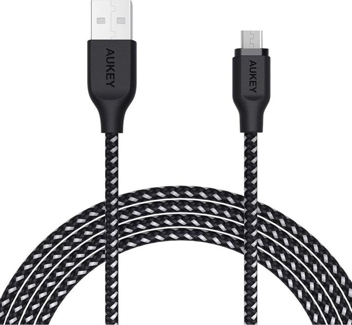 Actual product image Aukey CB-AM2 USB 2.0 Micro USB Braided Cable 2m Black/White (2 m, USB 2.0)