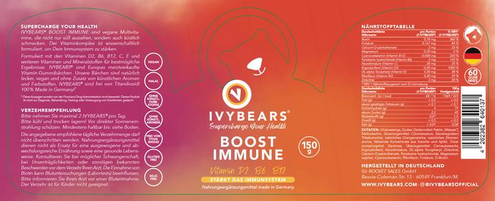 Valeurs nutritives et ingrédients IVYBears Booster l'immunité (60 pièce(s), Gummies, 150 g)