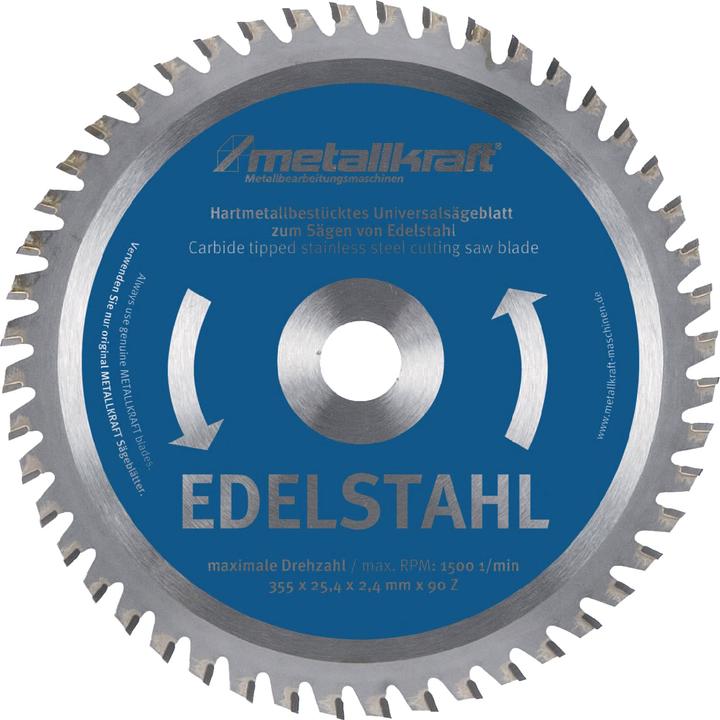 Produktbild Metallkraft Metallkreissägeblatt Edelstahl Sägeblatt-Ø 355 mm Breite 2,4 mm HM Bohrungs-Ø 25,4 mm Z.90