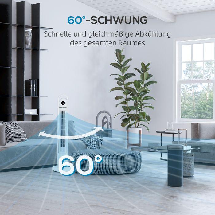 Actual product image Swisshandel24 Turmventilator, Standventilator mit 3 Belüftungsstufen, Fernbedienung, Weiss (60 dB)