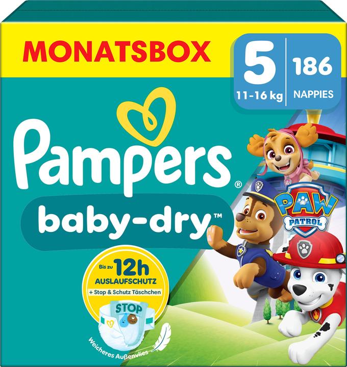 Pampers Baby-Dry Paw Patrol édition limitée (Taille 5, Pack mensuel, 186 pièce(s))