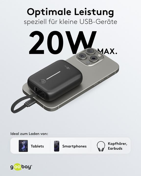 Immagine prodotto Goobay Powerbank 10.000 mAh mit integriertem USB-C-Kabel (10000 mAh, 15 W)