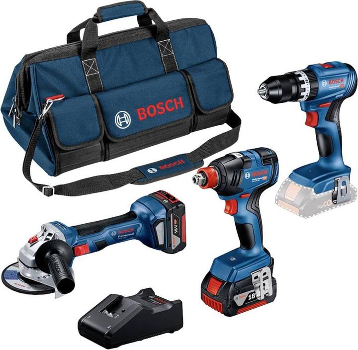Bosch Professional Combo Kit Set mit 3 18V-Werkzeugen: GSB 18V-45, GDX 18V-200, GWS 18V-7, 2x 5,0Ah