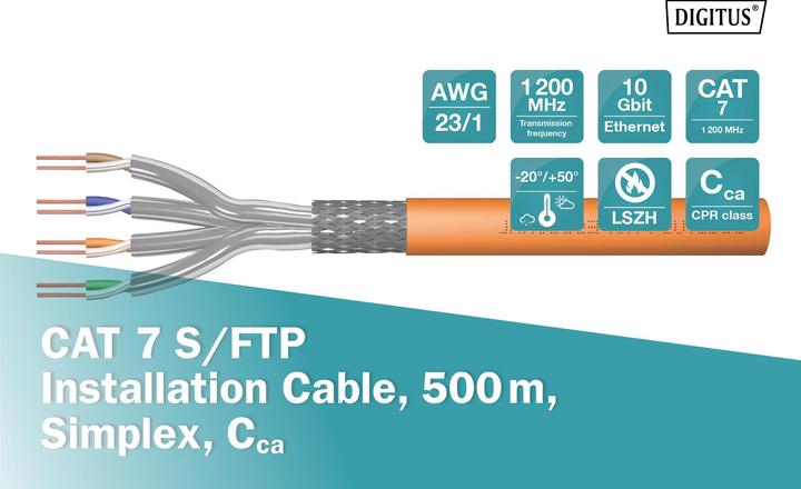 Actual product image Digitus Cat.7 S/FTP installation cable, 500 m, simplex, Cca (S/FTP, CAT7, 500 m)