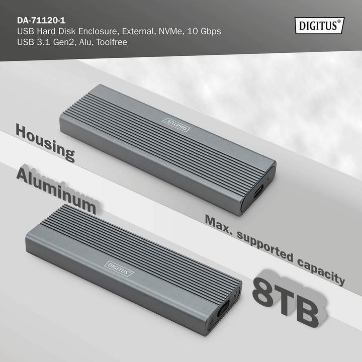 Produktbild Digitus USB M.2 Festplattengehäuse, SSD, extern, NVMe, 10Gbps, USB 3.1 Gen2, Aluminium, toolfree (M.2 2280, M.2 2230, M.2 2260, M.2 2242)