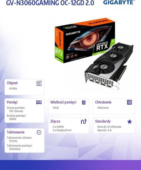 Image du produit Gigabyte GeForce RTX 3060 Gaming OC LHR (12 Go)