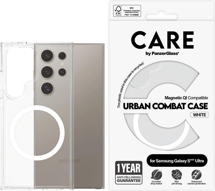 Produktbild PanzerGlass CARE by ® Flagship Case Transparent Urban Combat m. Weiss Qi Compatible Samsung Galaxy S (Samsung Galaxy S25 Ultra)