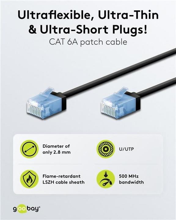 Produktbild Goobay Ultraflexibles CAT 6A Patchkabel, slim, U/UTP, schwarz (U/UTP, CAT6a, 15 m)