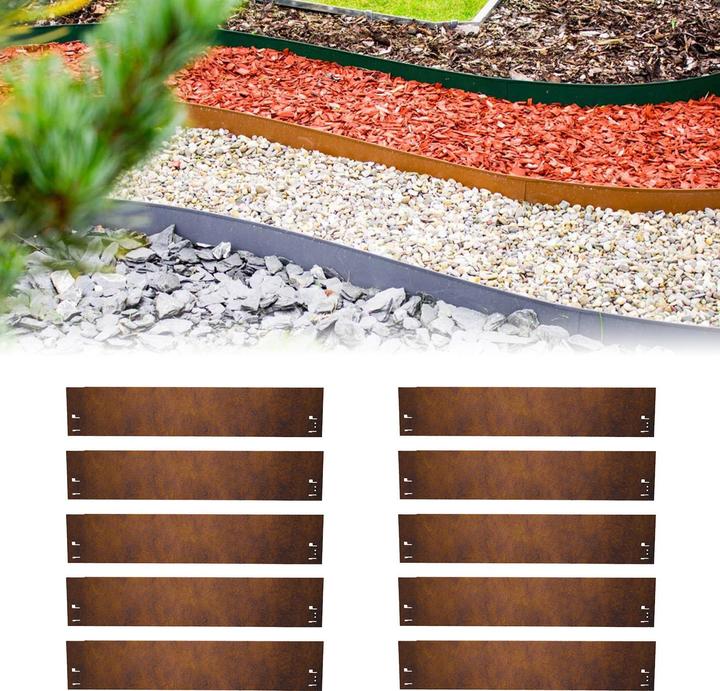Actual product image Green Split Set of 10 lawn edging corten steel 70 cm long, 13.5 - 18.5 cm high, bed edging, bed edging - Met (70 cm)