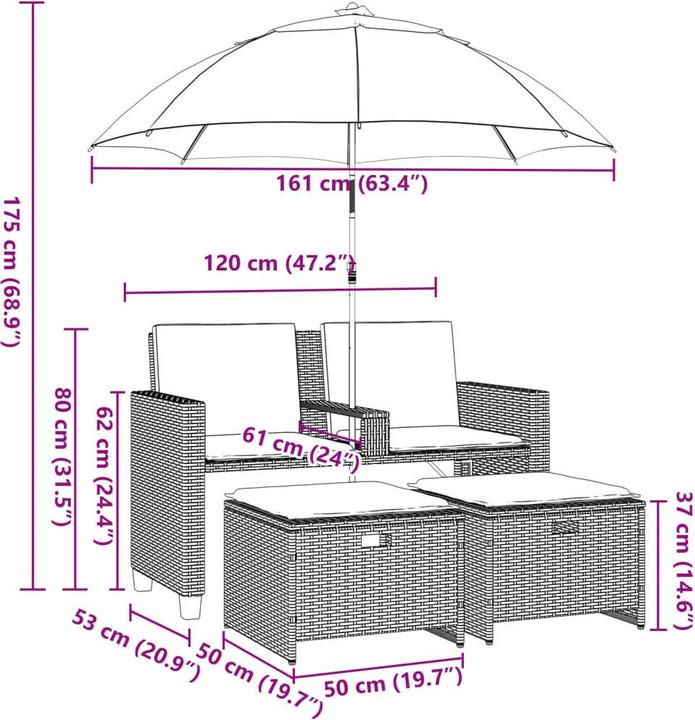 Actual product image VidaXL Garden sofa 2-seater parasol and stool poly rattan