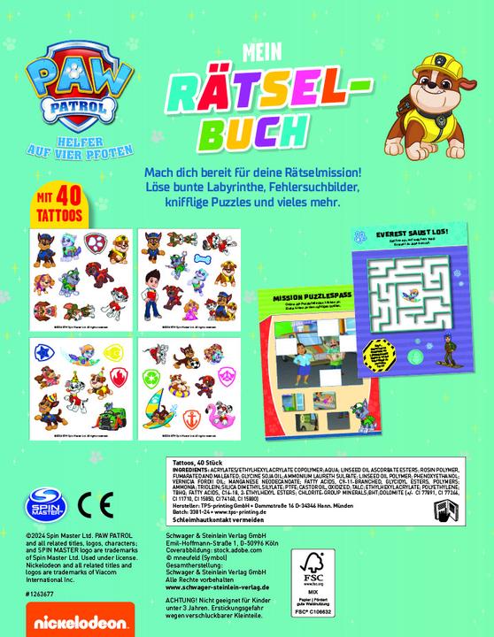 Produktbild PAW Patrol Rätselbuch mit 40 Tattoos (Deutsch, Schwager & Steinlein Verlag, 2024)
