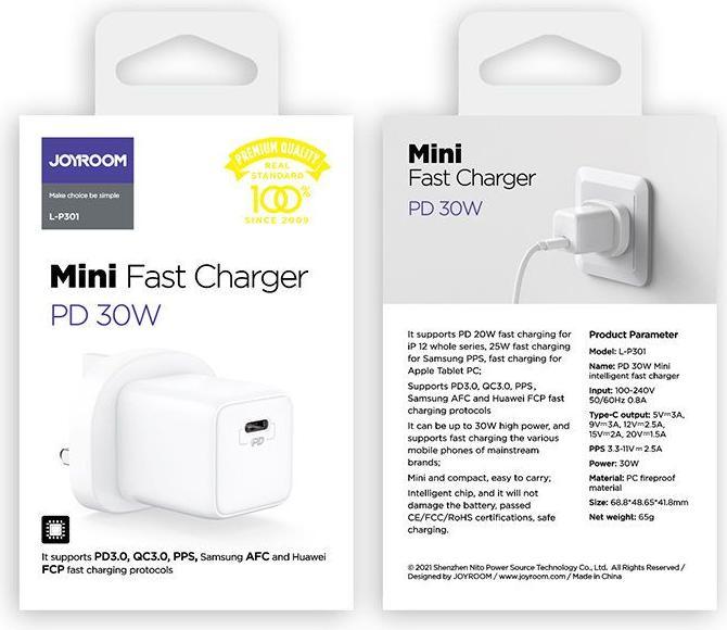 Produktbild Joyroom wall travel charger USB Type C / USB 30W Power Delivery Quick Charge 4,5A (UK plug) white (L (30 W)