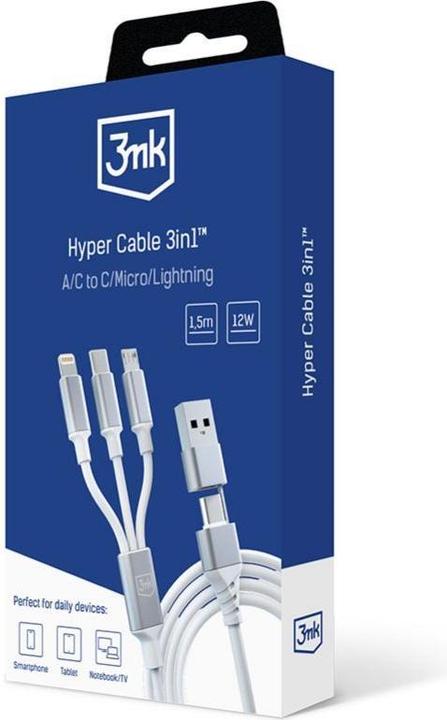 Actual product image 3MK Hyper Cable 3w1 USB-A/USB-C - USB-C/Micro/Lightning 1.5m Biały/White cable (1.50 m, USB 3.2 Gen 1, 12 W)