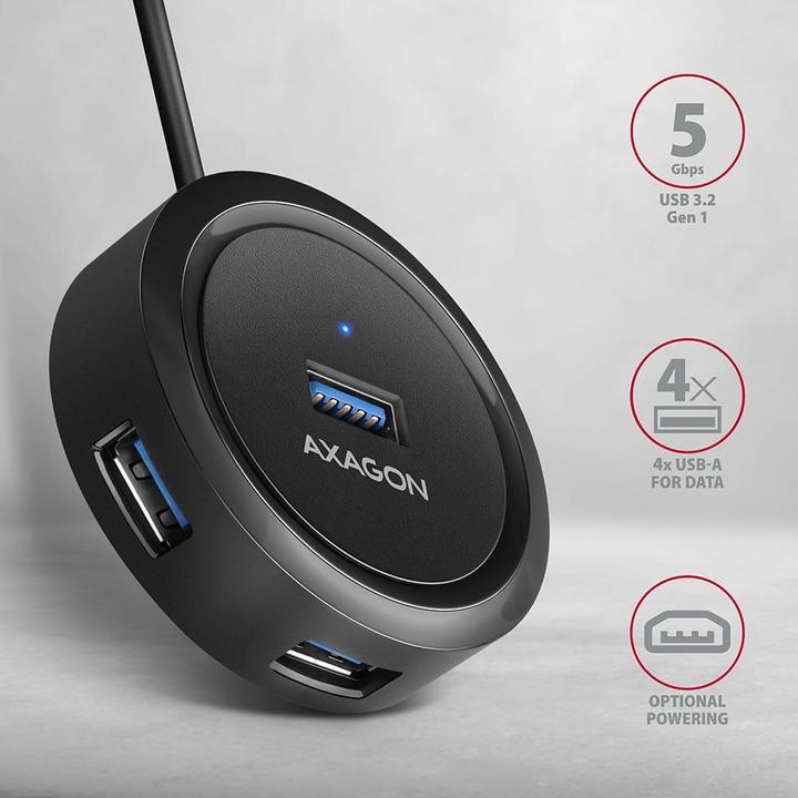 Actual product image Axagon HUE-P1AL interface hub USB 3.2 Gen 1 (3.1 Gen 1) Type-A Black (USB-C, 4 Ports)