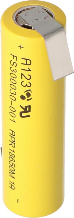 Actual product image A123 Systems A123 APR18650M-A1 1100mAh 3.3V LiFePo4 battery with solder tag Z-shape 64.95x18.2mm (1 pcs., 1100 mAh)