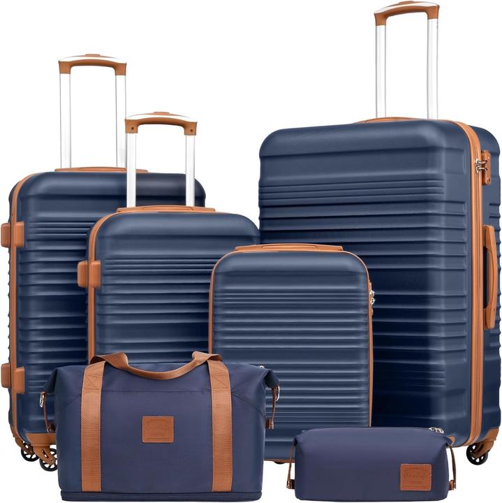 Coolife 6-teiliges Hartschalenkoffer-Set mit Reisetasche und Kulturbeutel (93 l, Handgepäck (bis 50l), M (50 - 90l), L (90 - 115l))