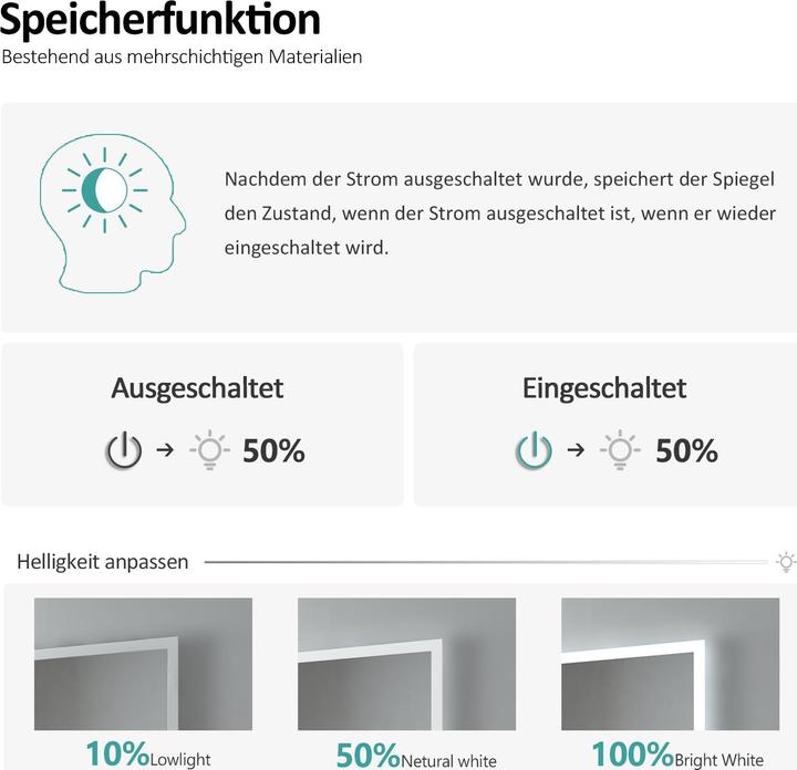 Produktbild Emke Badspiegel mit Beleuchtung Φ50cm, Kaltweiss6500K, Dimmbar, Touch Schalter