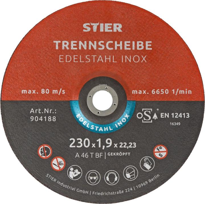 Actual product image Stier Cutting disc / flex disc 230 x 1.9 x 22.23 mm cranked Inox / stainless steel