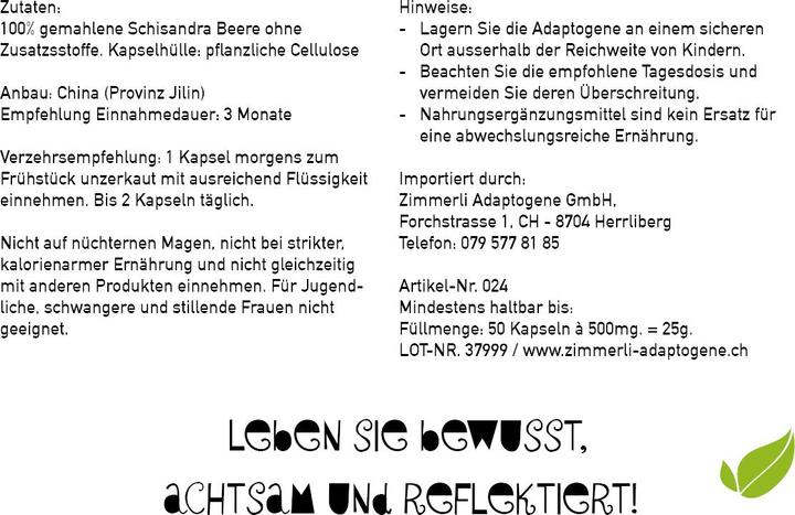 Nährwerte und Zutaten Zimmerli Adaptogene Schisandra Kapseln 50 Kapseln (1 Stück, Kapseln, 25 g)