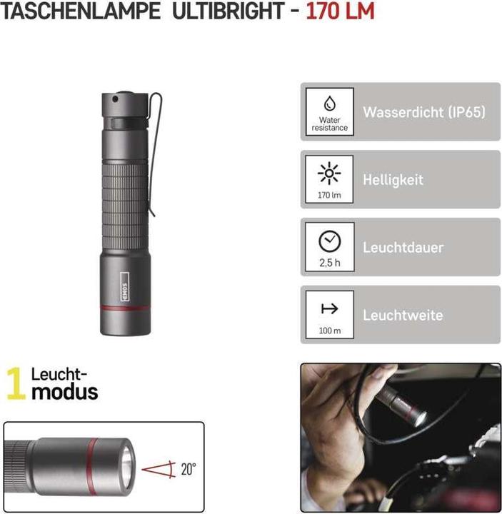 Produktbild Emos CREE LED Metall-Taschenlampe Ultibright 60, 170lm, 1xAA (10.10 cm, 170 lm)