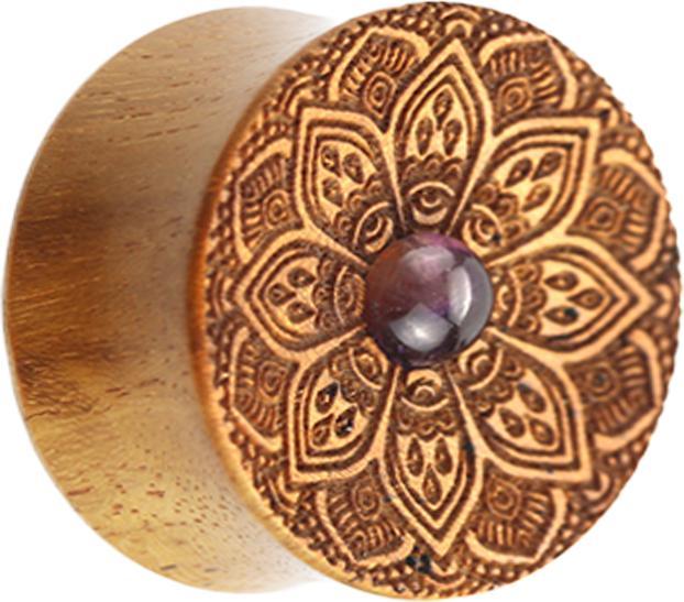 Produktbild Star Piercing Flared Plug Mandala Blume mit Amethyst Stein aus Teakholz (ohne Messing, Mineralisch, Organisch)