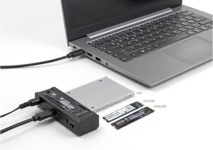 Image du produit Delock Convertisseur USB Type-C pour 1 x SSD M.2 NVMe + 1 x SATA SSD / HDD avec fonction de clonage
