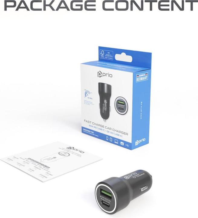 Actual product image prio Fast Charge Car Charger 20W PD (USB C) + QC 3.0 (USB A) black