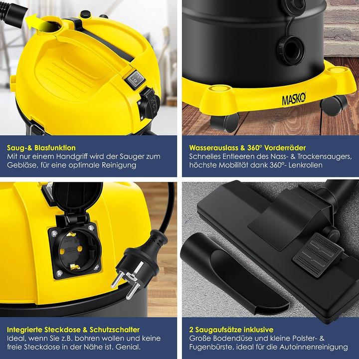 Immagine prodotto Masko 6IN1 Aspirapolvere industriale giallo (Aspirapolvere a umido e a secco)
