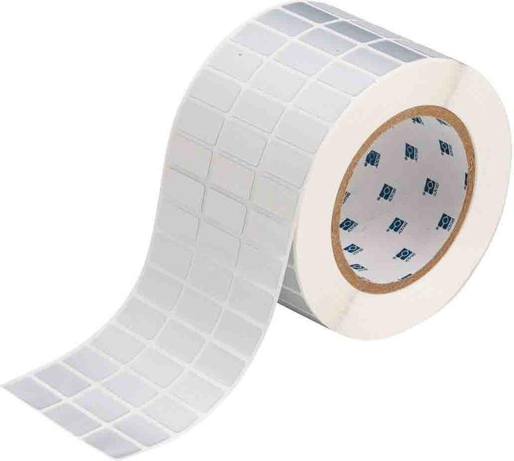 Actual product image Brady THT-5-362-10, anti-counterfeit vinyl, silver, glossy, 25.40 x 12.70 mm, permanent, 3-bah