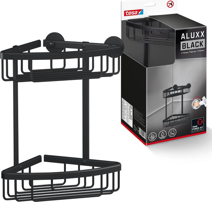Produktbild tesa ALUXX BLACK Eck-Duschkorb inkl. Klebelösung ohne Bohren (17.5 x 17.5 x 34.5 cm)