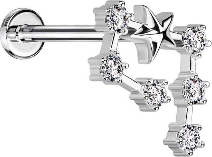Image du produit Star Piercing Micro Labret femelle argenté signe du zodiaque Verseau avec cristaux (Acier chirurgical 316L, Laiton)