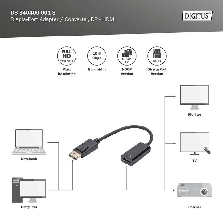 Produktbild Digitus DisplayPort — HDMI (Typ A) (0.15 m, HDMI, DisplayPort)