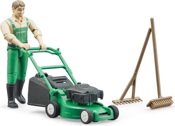Bruder Gardener with lawn mower and garden tools