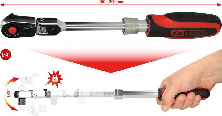 Image du produit KS Tools Cliquet réversible inclinable télescopique 1/4" SlimPOWER, 72 dents, longueur (1/4")