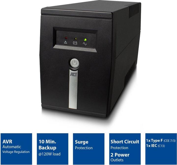 Produktbild UPS, 600VA, 1x IEC (C13) + 1x Type F outlet, 1x IEC C14 input, 230V, AVR (600 VA, 360 W, Line-Interaktiv USV)