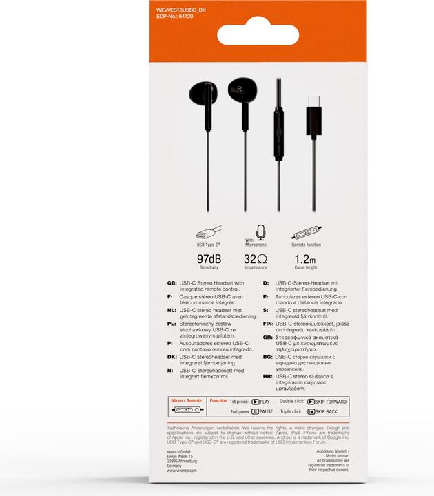 Actual product image Vivanco USB-C Capsule in-ear stereo headset, black, wired incl. remote control (Cable)