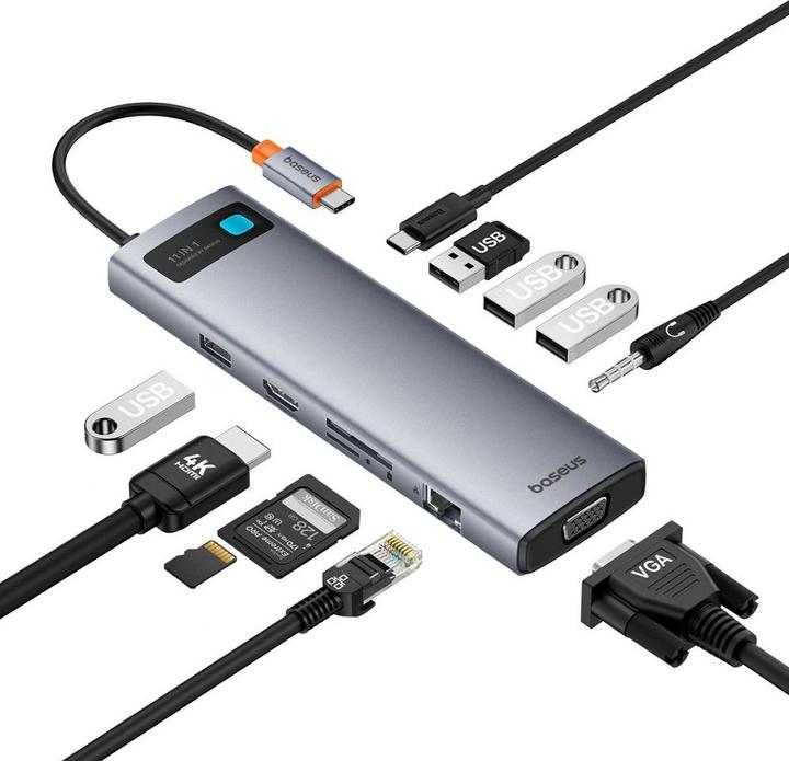 Actual product image Baseus Hub 11in1 StarJoy Metal Glam Series, USB-C to HDMI +VGA + 3 x USB 3.0 + USB 2.0+USB-C PD + RJ (USB-C, 11 Ports)